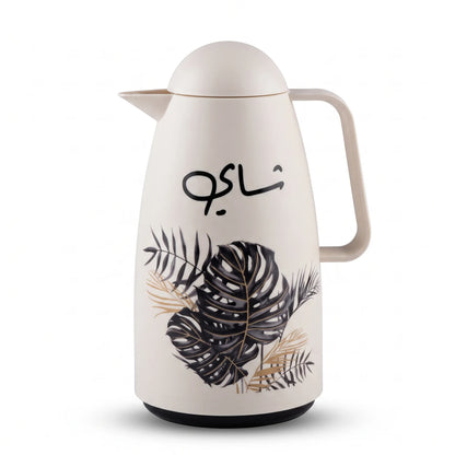 Crystal House vaccum flask – 1 Liter | Tropical Leaf Pattern | Arabic Chai Calligraphy | Leak Proof Tea and Coffee Flask