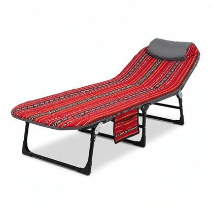 Foldable Outdoor Camping Bed – Red and Black Arabic Sadu Pattern Fabric, 190cm Length, Portable Folding Bed for Outdoor Use