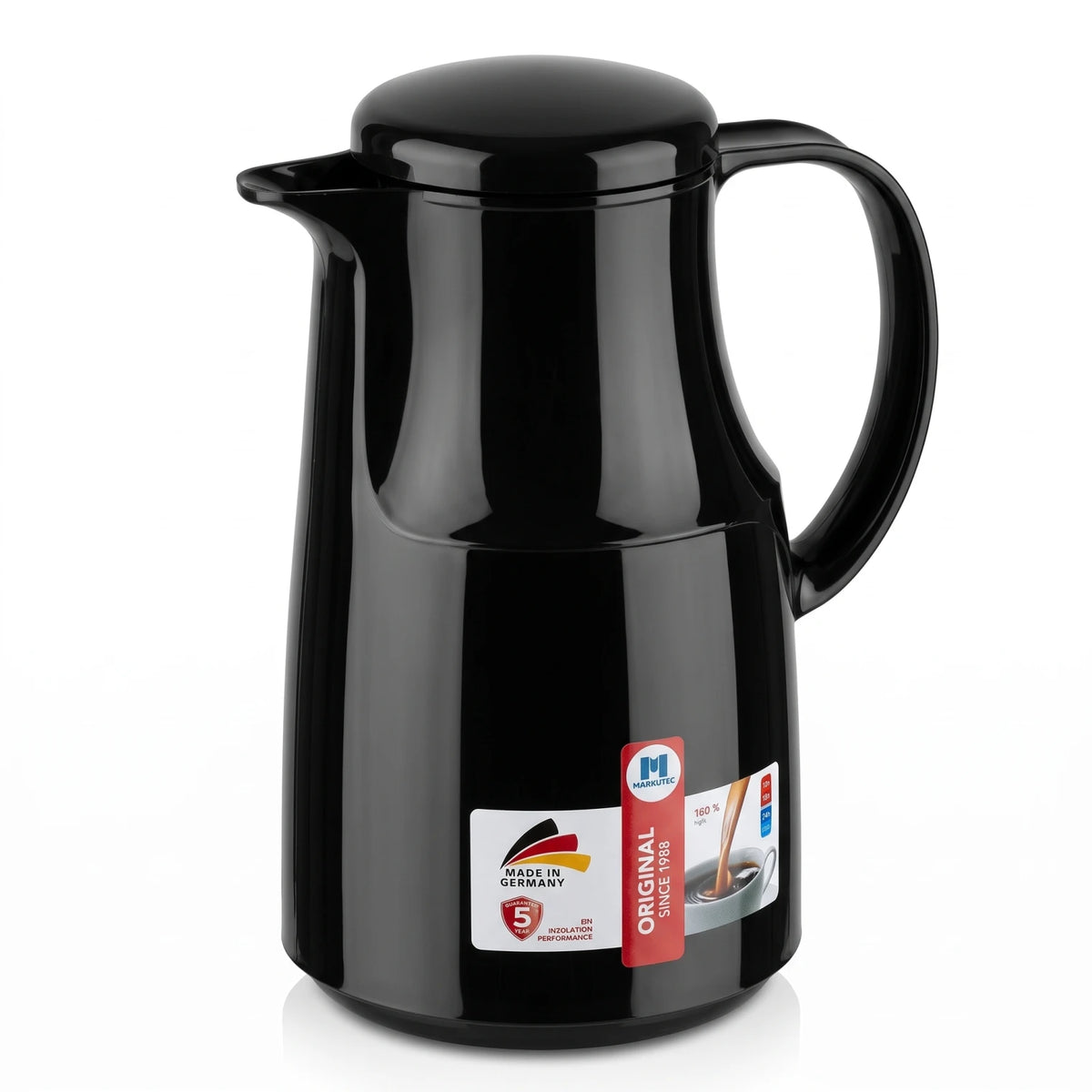Markutec German-Made Black Vacuum Flask 1 Litre | Premium Plastic Body | Leak-Proof Tea and Coffee Carafe