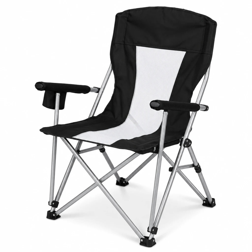 Portable Foldable Outdoor Camping Chair – 94 x 64 x 73 cm | Padded Armrests, Built-In Cup Holder | Folding Leisure Seat for Camping - Black-White - Image 1