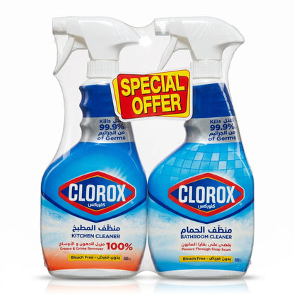 CLOROX Kitchen Cleaner and Bathroom Cleaner Set – 2 x 500 ml | Bleach-Free Sprays for Grease, Grime and Soap Scum | Trigger Spray Set
