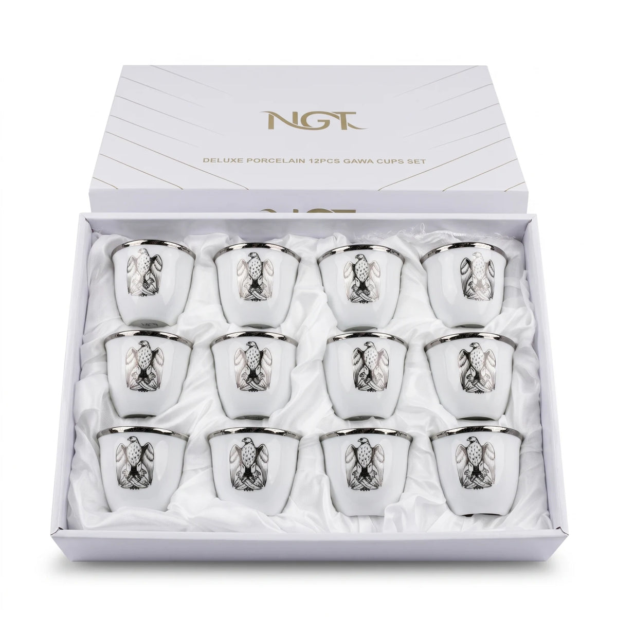NGT 12-Piece Porcelain Arabic Coffee Gahwa Cup Set – UAE Abu Dhabi Falcon Logo | Handleless Cups | White-Gold or White-Black - White-Black - Image 1