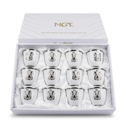 NGT 12-Piece Porcelain Arabic Coffee Gahwa Cup Set – UAE Abu Dhabi Falcon Logo | Handleless Cups | White-Gold or White-Black - White-Black - Image 1