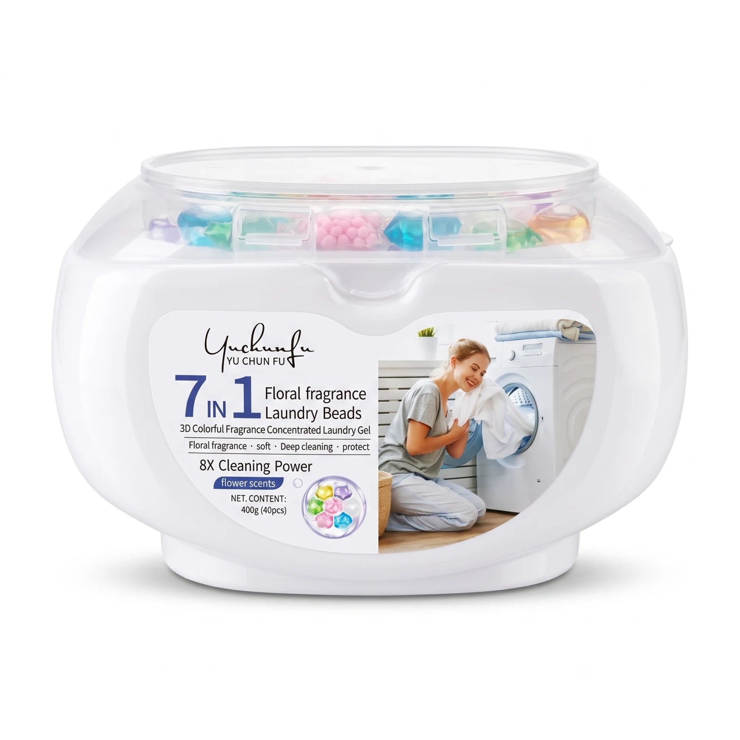 Yu Chun Fu 7 in 1 laundry Beads 400g, 40 Pieces – Floral Fragrance Concentrated Laundry Gel with Deep Cleaning and Softening Care