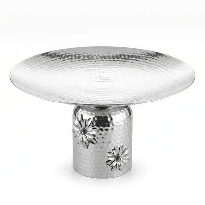 Silver Metal Round Plate with Detailed Flower Base – Extra Large 45cm Decorative Pedestal Tray for Display