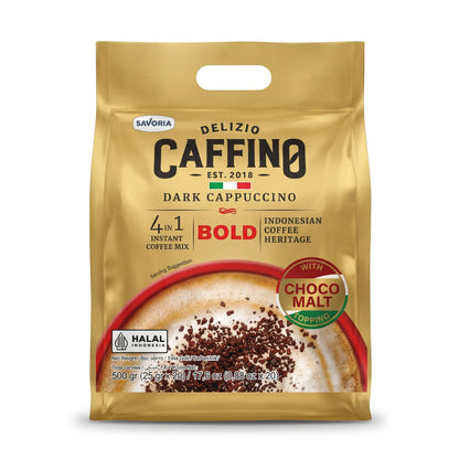 SAVORIA DELIZIO CAFFINO Dark Cappuccino 500g – 20 Sachets | 4 IN 1 Instant Coffee Mix with CHOC MALT TOPPING
