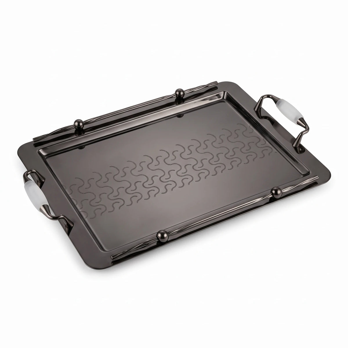 Ansa Luxury Metal Serving Tray – 47 x 32 x 14cm | Geometric Pattern, Raised Rim and Side Handles | Multiple Colour Options - Black - White - Image 1