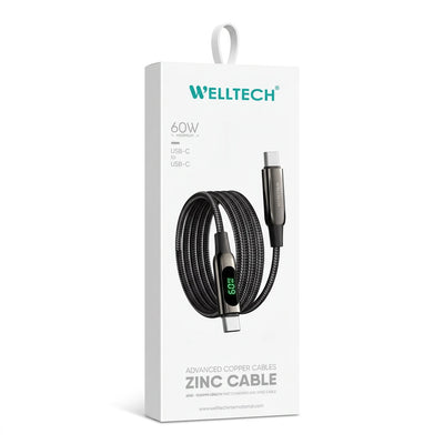 W’ELLTECH ZINC CABLE USB-C to USB-C 1000MM – 60W Power Delivery Fast Charging & Sync, Braided Black Cable for Compatible Devices