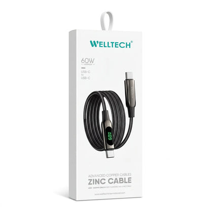 W’ELLTECH ZINC CABLE USB-C to USB-C 1000MM – 60W Power Delivery Fast Charging & Sync, Braided Black Cable for Compatible Devices