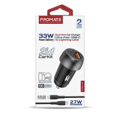 PROMATE 2in1 CarKit Dual-Port Car Charger with 100cm USB-C to Lightning Cable – 33W Power Delivery, O-FLEX Strain Relief, Black