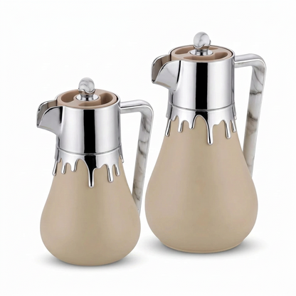 Regal 2 Piece Beige Vacuum Jug Set – 0.5L + 1.0L | Silver Drip Effect | Tea and Coffee Serving