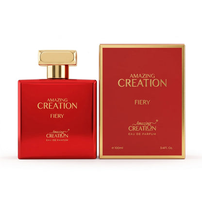 AMAZING CREATION FIERY Eau de Parfum 100ml – Rectangular Gold-Accented Fragrance Packaging