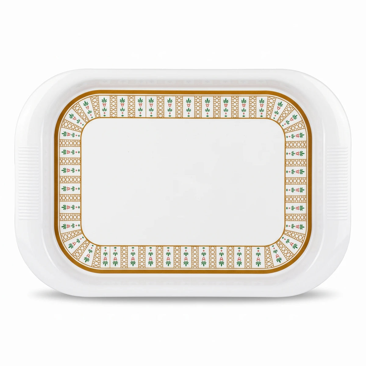 Melamine Serving Tray 42 x 28 cm – White Rectangular Platter with Gold, Green & Red Decorative Border and Raised Rim