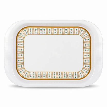 Melamine Serving Tray 42 x 28 cm – White Rectangular Platter with Gold, Green & Red Decorative Border and Raised Rim