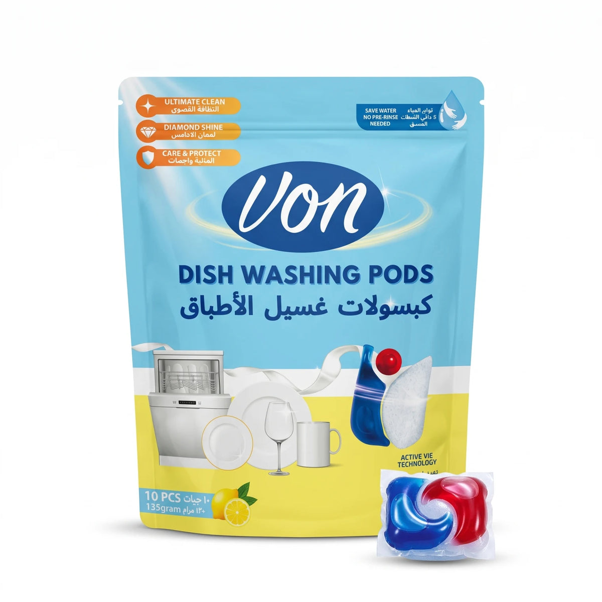 Vim DISH WASHING PODS 135gram, 10 PCS – Ultimate Clean with Diamond Shine, Care & Protect, Active Enzyme Technology, No Pre-Rinse Needed