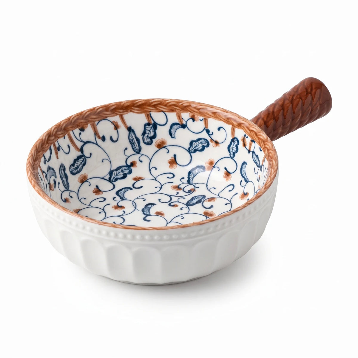 16 CM Fine Porcelain Bowl with Handle – White Floral Interior Pattern | Embossed Textured Decorative Bowl
