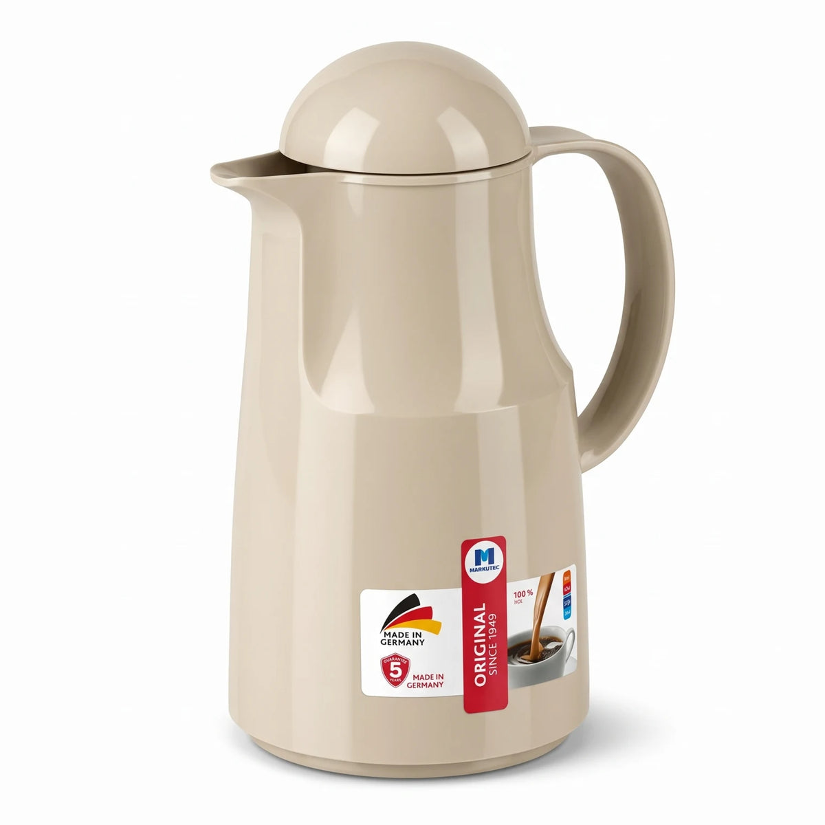 Markutec Vacuum Flask 1 Liter Beige – Leak-Proof Plastic Body for Tea and Coffee, Keeps Drinks Hot or Cold