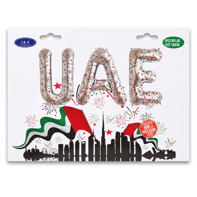 I & A Collection UAE national day balloon set – 100cm Silver Foil Letter Balloons, 3PCS with UAE Flags, Hearts & Fireworks, Air or Helium Fill