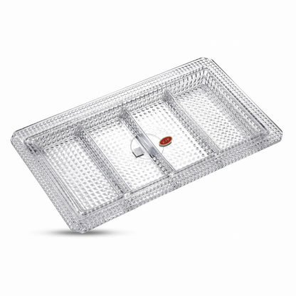 Premium 4-Section Rectangular Glass Serving Tray – 22 x 37 x 3 cm | Diamond-Cut Texture | Dessert, Dry Fruit and Snack Presentation