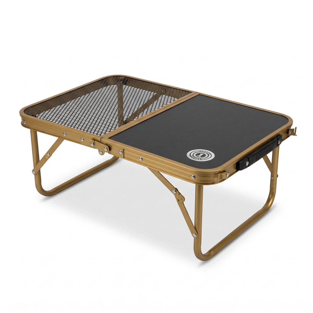 Omega 1 Korea Lightweight Gold Toned Outdoor Camping Table – 60 x 40 x 25 cm | Split Heat-Resistant Mesh and Solid Tabletop | Folding Table