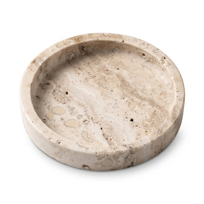 Round Natural Travertine Stone Tray – 10 x 10 cm with Raised Rim and Textured Surface