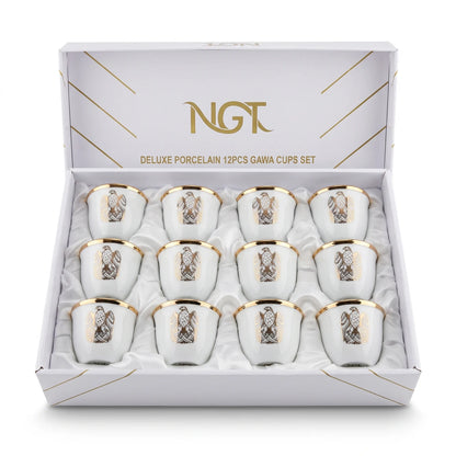 NGT 12-Piece Porcelain Arabic Coffee Gahwa Cup Set – UAE Abu Dhabi Falcon Logo | Handleless Cups | White-Gold or White-Black - White-Gold - Image 1