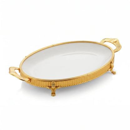 Fine Porcelain Serving Plate with Metal Handles and Holder – 42 × 26 × 5 cm | White and Gold Oval Platter with Ornamental Raised-Foot Design