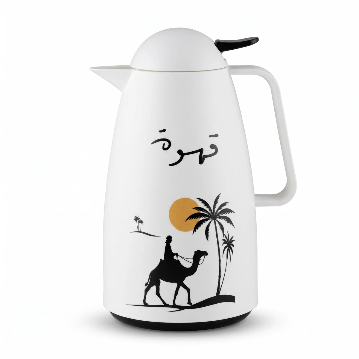 Crystal House white vaccum flask 1 Liter – Black Camel Artwork | Qahwa Calligraphy | Leak Proof Tea and Coffee Flask