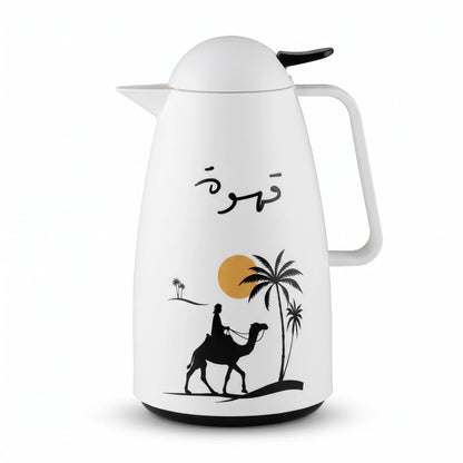 Crystal House white vaccum flask 1 Liter – Black Camel Artwork | Qahwa Calligraphy | Leak Proof Tea and Coffee Flask