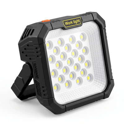 Solar-Powered LED Work Light – 13 x 10 x 13 cm | Front LED Array, Ventilation Slots and Support Base