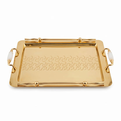 Ansa Luxury Metal Serving Tray – 47 x 32 x 14cm | Geometric Pattern, Raised Rim and Side Handles | Multiple Colour Options - Gold - White - Image 1