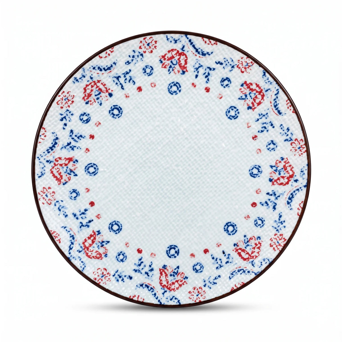 20 CM Porcelain Fruit Plate – Light Blue and White Decorative Plate with Red-and-Blue Floral Motifs and Dark Brown Rim