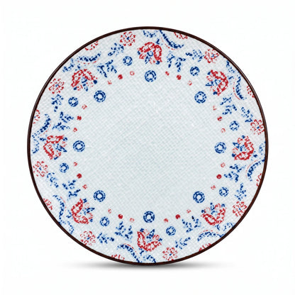 20 CM Porcelain Fruit Plate – Light Blue and White Decorative Plate with Red-and-Blue Floral Motifs and Dark Brown Rim
