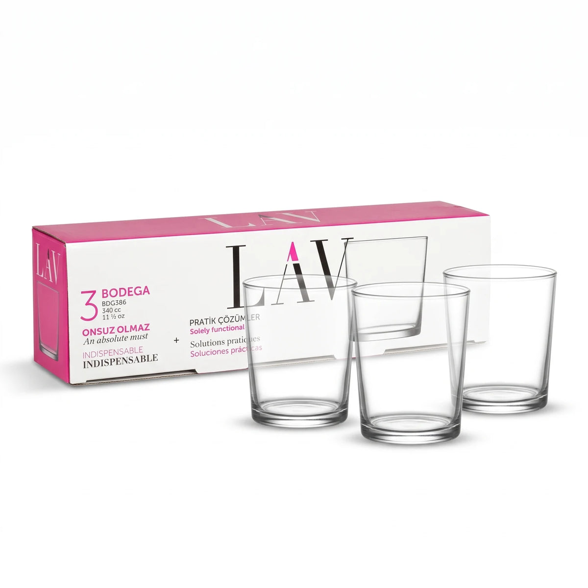 LAV 3 Pieces Glass Set – 340 CC Clear Tumblers with Thick Bases, 88 mm Height, Dishwasher Safe Drinking Glasses Made in turkey