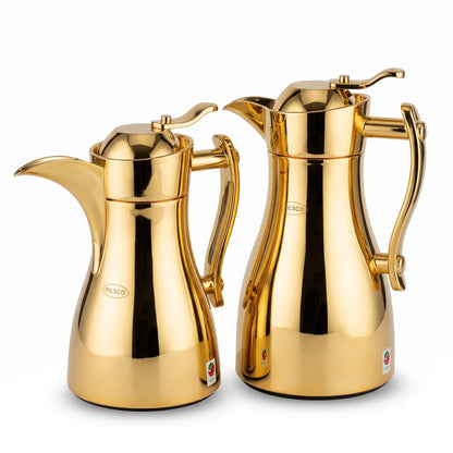 Pilsco 2-Piece Plain Gold Premium Vacuum Flask Set – Arabic Design, 0.7 + 1.0 L | Tea & Coffee, Leak Proof, Hot & Cold Keeping