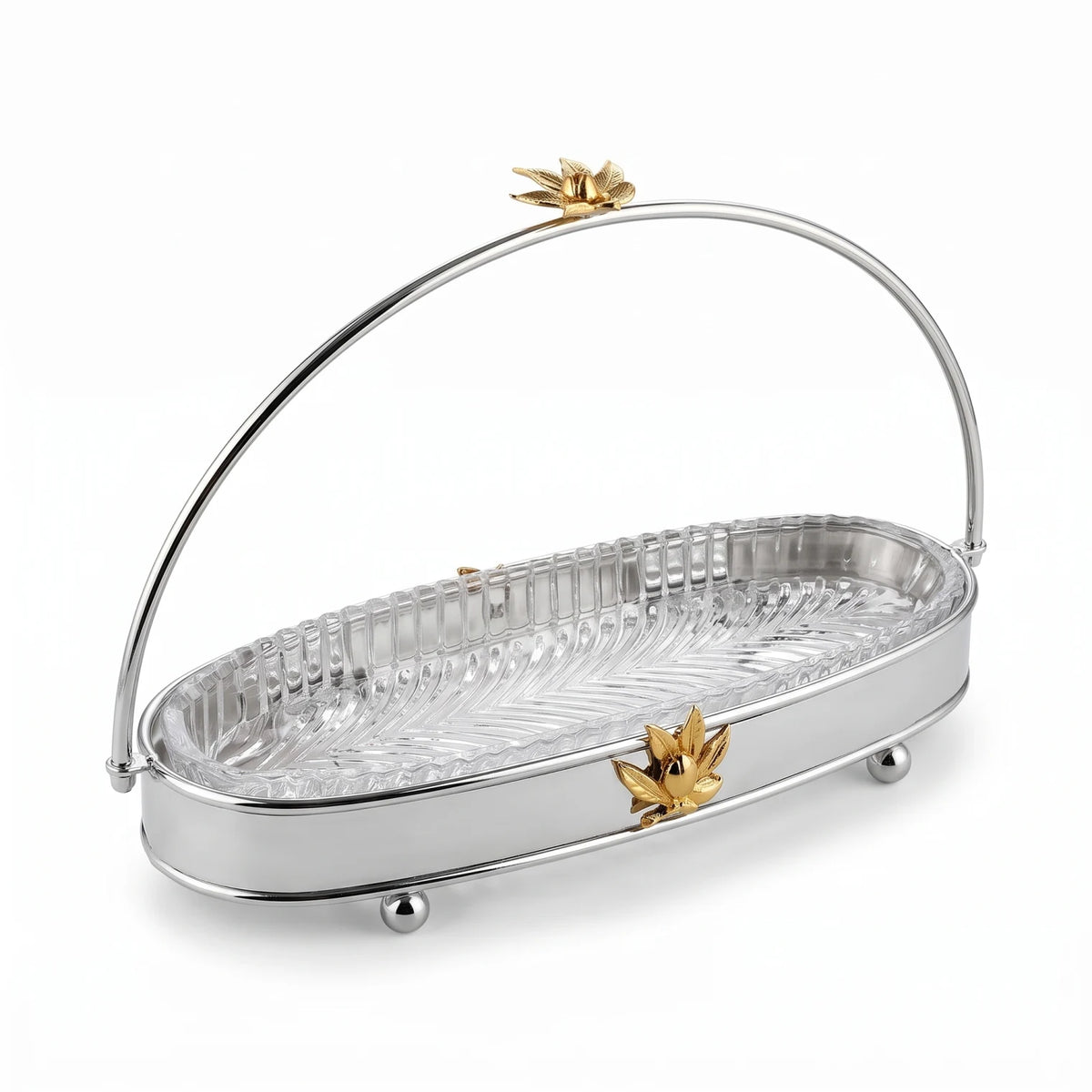 MAY FLOWER Premium Small Oval Serving Tray – Steel & Glass with Arch Handle, Gold-Tone Floral Accent | Decorative Food Display Stand, 24cm H x 14cm W x 34cm L