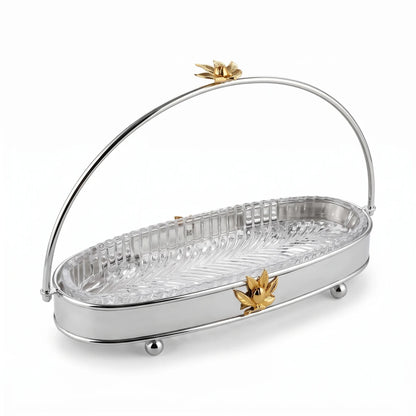 MAY FLOWER Premium Small Oval Serving Tray – Steel & Glass with Arch Handle, Gold-Tone Floral Accent | Decorative Food Display Stand, 24cm H x 14cm W x 34cm L