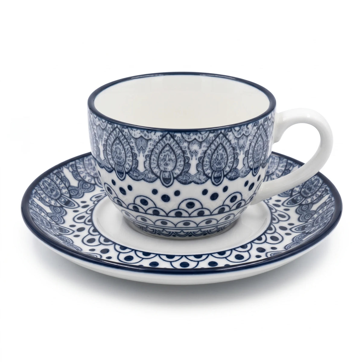 Che Brucia 200 ML Porcelain Cup and Saucer Set – Blue or Green | Floral Paisley Pattern | Matching Handled Coffee and Tea Service - Blue - Image 1
