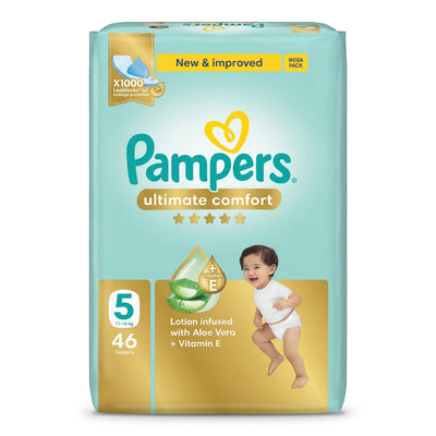 Pampers Ultimate Comfort Baby Disposable Diapers Size 5, 11–16 kg, 46 Diapers | Aloe Vera & Vitamin E Lotion | X1000 LeakLocks | MEGA PACK