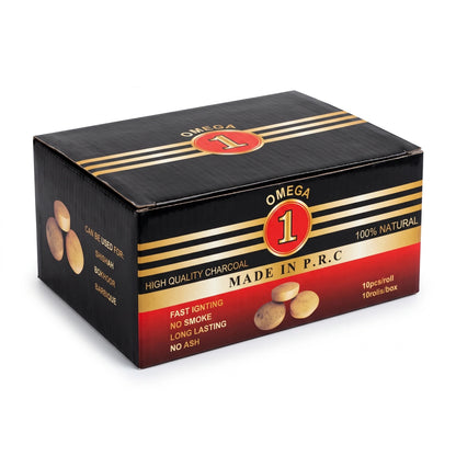 Omega 1 High Quality Gold charcoal – 10 Pieces per Roll, 10 Rolls per Box | Fast-Igniting Natural Charcoal Briquettes