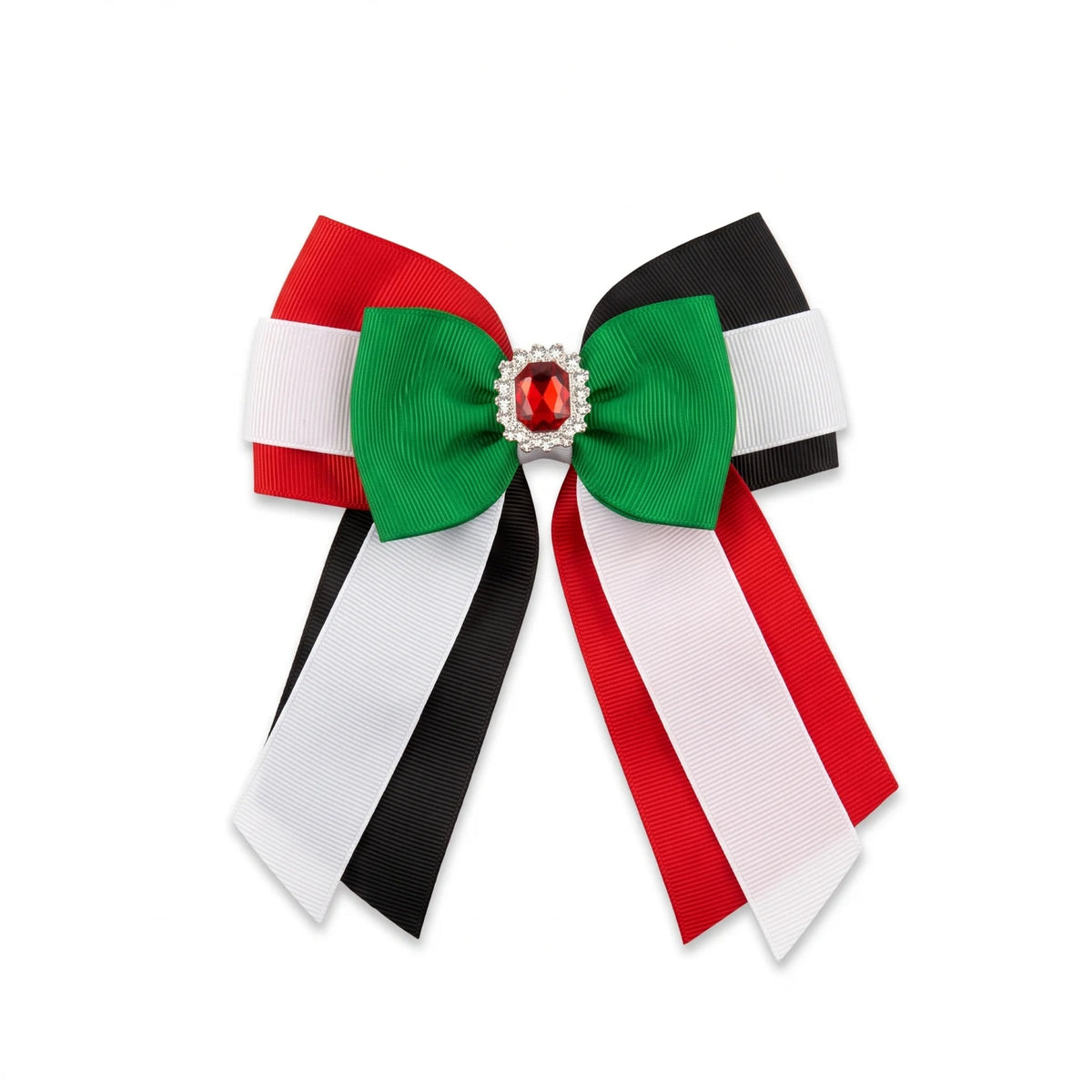 UAE Color Hair Clip – Red, Green, White & Black Layered Ribbon Bow with Jeweled Center, Decorative Hair Accessory for National Day and Flag Day
