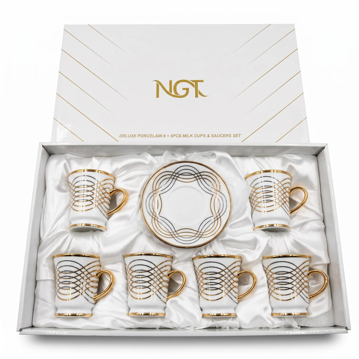 NGT 12 Pieces Fine Porcelain Cups and Saucers Set – 6 Cups & 6 Saucers | White Gold and Black Detail | Tea and Coffee Serving