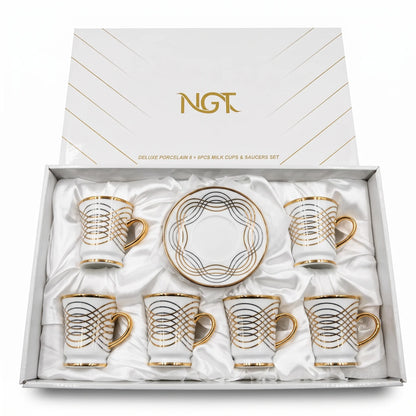 NGT 12 Pieces Fine Porcelain Cups and Saucers Set – 6 Cups & 6 Saucers | White Gold and Black Detail | Tea and Coffee Serving