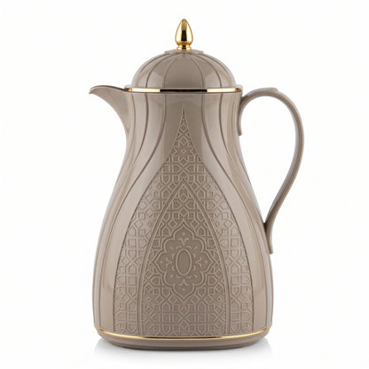 Rose Warm Grey Premium Vacuum Flask 1L – Arabic Geometric Design, Gold-Tone Accents, Leak-Proof Tea and Coffee Flask