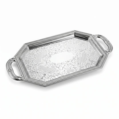 Ornate Silver-Toned Octagonal Serving Tray – 21 x 11 x 1 cm | Textured Handles | Embossed Patterned Base