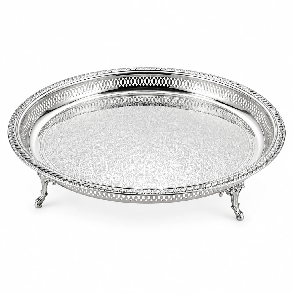 Raised Stainless Steel Round Serving Tray – 53cm Silver | Engraved Center Pattern | Ornate Pierced Rim | Decorative Feet