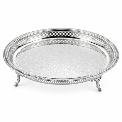 Raised Stainless Steel Round Serving Tray – 53cm Silver | Engraved Center Pattern | Ornate Pierced Rim | Decorative Feet