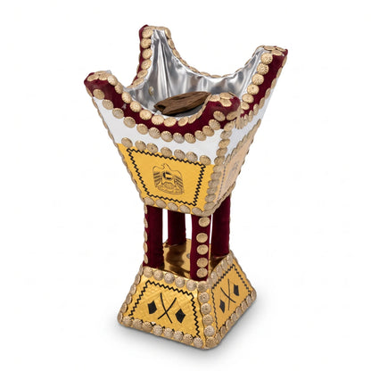 Traditional UAE Logo Wooden Bakhoor Incense Burner (Mabkhara) – Maroon & Gold, 26 x 14 x 14 cm, National Day Celebration Display