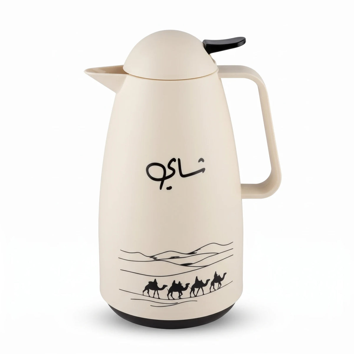 Crystal House Cream-Colored Vacuum Flask 1 Litre – Arabic Desert Artwork, Chai Calligraphy, Leak-Proof Tea & Coffee Flask