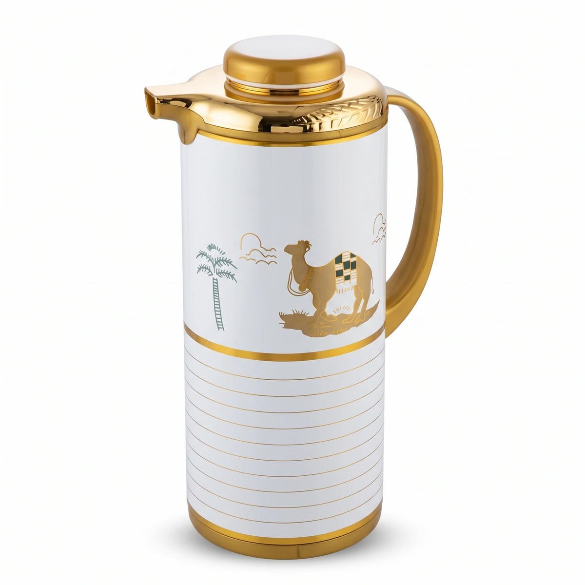 SIMBA MKUBWA Vaccum Jug 1.3 Liters – Gold & White | Arabic Heritage Camel & Palm Tree Design, Leak Proof Tea & Coffee Jug
